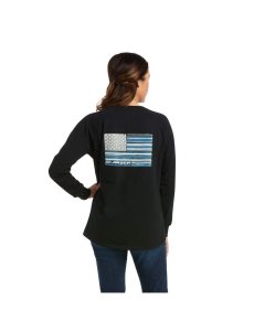 Dámské Pracovní Oděvy Ariat Rebar CottonStrong Brand Flag T Shirts Černé | WVZFC-3869